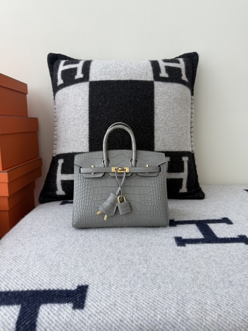 Birkin 20cm Matte Porosus Crocodile - Gris Neve Gold Hardware