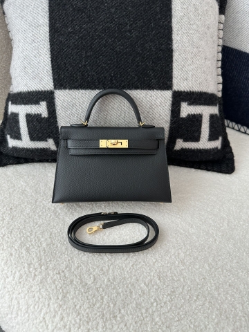 Kelly Mini II Epsom Textured Calfskin Leather CC89 Noir Black Gold Hardware 100% Handmade with Waxed Thread Stitching