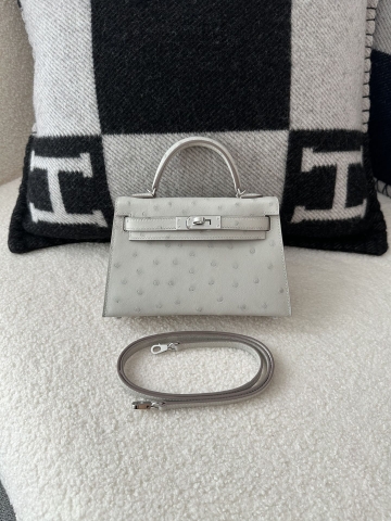 Kelly Mini II Klein Karoo South African Ostrich Leather 80 Pearl Grey Silver Hardware