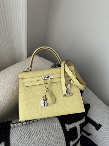 Kelly 25cm in Imported Epsom Leather, 1Z Jaune Poussin Chick Yellow with Silver Hardware