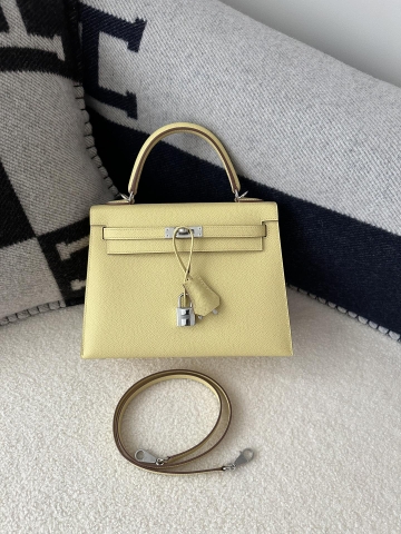 Kelly 25cm in Imported Epsom Leather, 1Z Jaune Poussin Chick Yellow with Silver Hardware