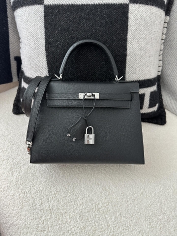 Kelly 25cm in Imported Epsom Leather, CK89 Noir Black with Silver Hardware