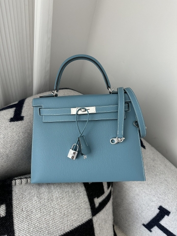 Kelly 28cm Epsom Textured Calfskin Leather D2 New Blue Jean Denim Blue Silver Hardware