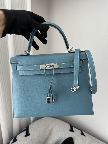 Kelly 28cm Epsom Textured Calfskin Leather D2 New Blue Jean Denim Blue Silver Hardware