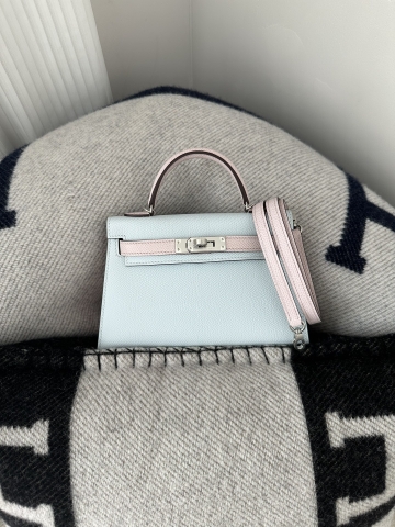 Kelly mini II epsom0 Blue brume 09 Mauve pale silver hardware