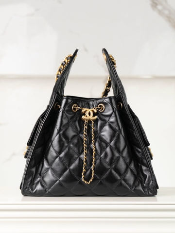 Chanel 25C Small Hobo Drawstring Bucket Bag Black Gold