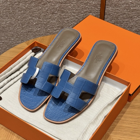 JD-1980 - 181 Oran Slide Sandals in Mykonos Blue Alligator Leather with Genuine Leather Outsole