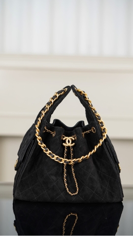 Chanel 25C Black Suede HoBo Drawstring Bucket Bag Small