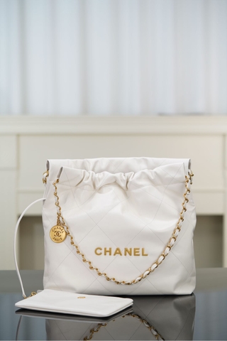 Channel 22P Spring Summer New Small White Handbag with Gold Buckle