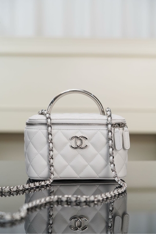 Chanel 25P Hidden Handle Long Box Bag White Lychee Leather