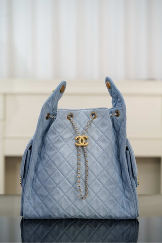 Chanel 25s Hobo Bag Drawstring Bucket Bag in Light Blue Denim, Large
