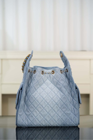 Chanel 25s Hobo Bag Drawstring Bucket Bag in Light Blue Denim, Large