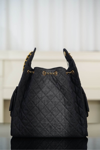 Chanel 25s Hobo Bag Drawstring Bucket Bag in Black Denim, Large