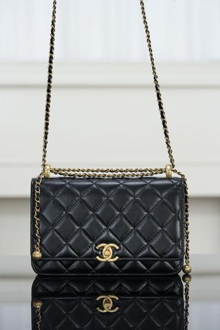 Chanel 25s Double Gold Bead Chain Black Gold