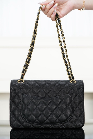 Classic Flap Bag - Genuine Leather Black Gold Small Size