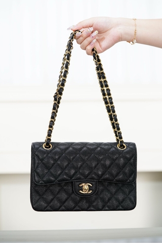 Classic Flap Bag - Genuine Leather Black Gold Small Size