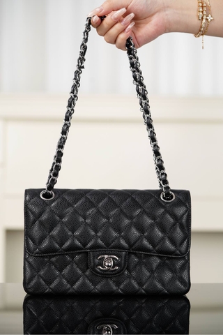 Chanel Classic Flap Bag Authentic Leather Black-Silver Small