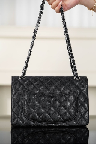Chanel Classic Flap Bag Authentic Leather Black-Silver Small