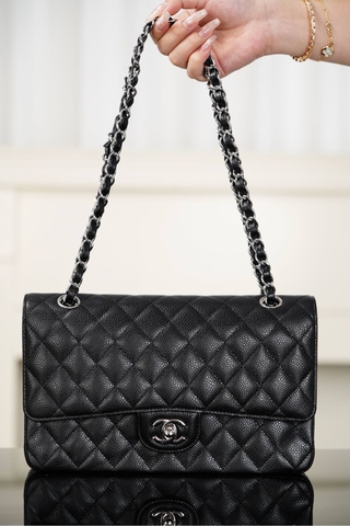 Chanel Classic Flap Bag Genuine Leather Black Silver Medium