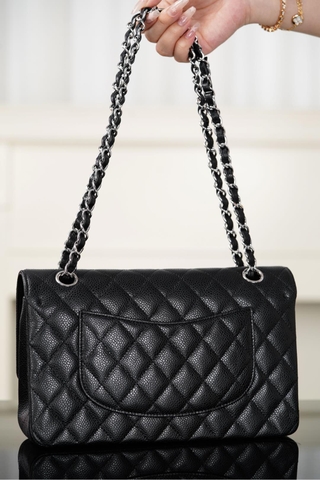 Chanel Classic Flap Bag Genuine Leather Black Silver Medium