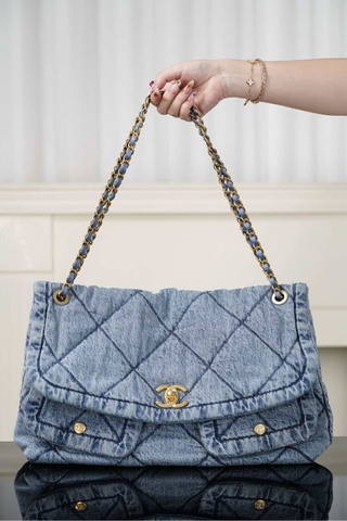 Chanel 25k Hobo Bag with Double Pockets - Light Blue - Large