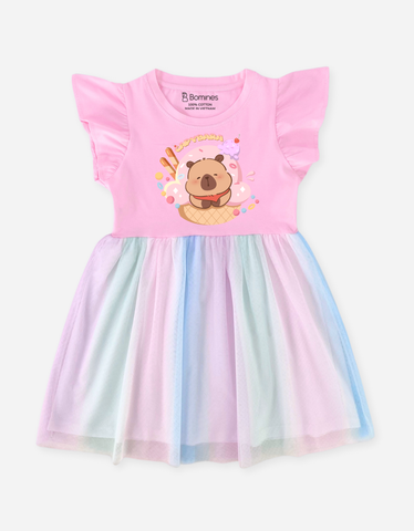 Váy bé gái Capybara Bomines, Đầm phối lưới cầu vồng ngọt ngào