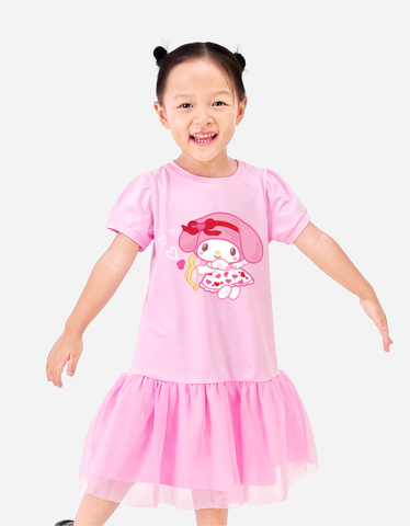 Váy Tết bé gái hoạt hình My Melody Bomines, Đầm phối lưới tay phồng cho bé gái từ 3-12t 12-36kg DTPMELCUNG