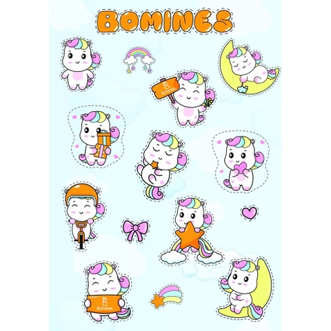 Sticker hình dán Unicorn Bomines, miếng dán dễ thương, cao cấp an toàn cho bé