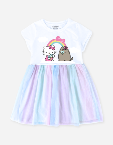 Váy bé gái phối lưới cầu vồng Hello Kitty & Mèo Pusheen