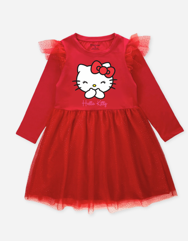 Váy bé gái tay dài Hello Kitty phối lưới