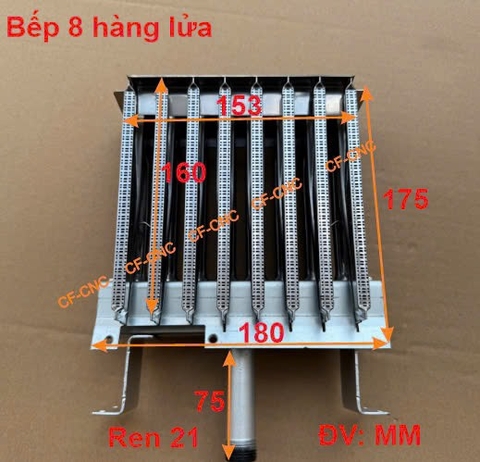 Bếp đốt 8 hàng lửa, Đầu đốt khí hóa lỏng LPG, Bếp bồ cào, Bếp thanh, bếp đốt máy rang