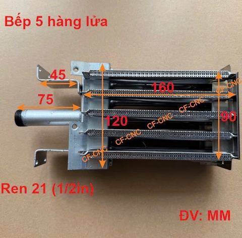 Bếp đốt 5 hàng lửa, Đầu đốt khí hóa lỏng LPG, Bếp bồ cào, Bếp thanh, bếp đốt máy rang