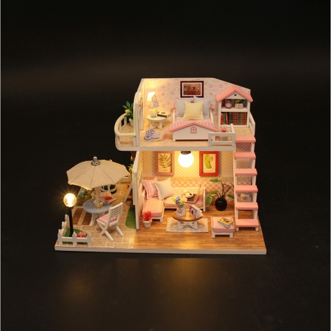 Mô hình nhà DIY Doll House Pink Loft Kèm Mica Chống bụi, Bộ dụng cụ và Keo dán