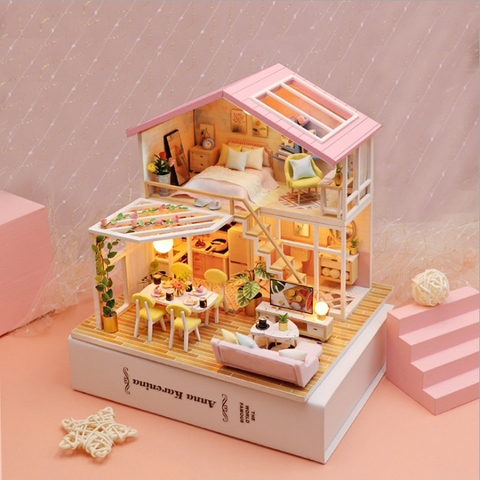 Mô hình nhà DIY Doll House Sweet Time Kèm Mica Chống bụi, Bộ dụng cụ và Keo dán