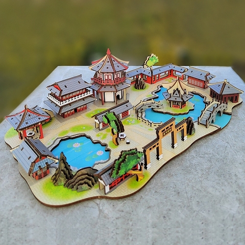 Đồ chơi lắp ghép gỗ 3D Mô hình Garden of Suzhou Nhà vườn Tô châu HZ01 Laser - Tặng kèm đèn LED