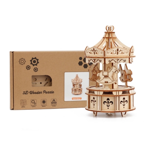 Đồ chơi lắp ghép gỗ 3D Mô hình Hộp nhạc Vòng Quay Ngựa Gỗ Carousel Music Box H1402