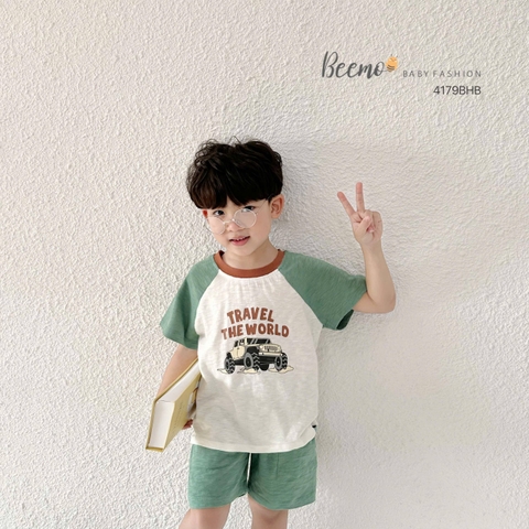 BEEMO_CHÀO HÈ NĂNG ĐỘNG – SET CỘC TAY RAGLAN IN Ô TÔ CHO BÉ TRAI