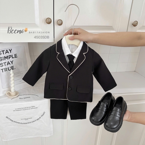 BEEMO_ SET VEST 3 CHI TIẾT CHÉO PHỐI VIỀN SANG TRỌNG CHO BÉ TRAI