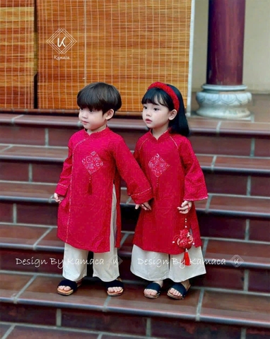 SET ÁO DÀI BÉ TRAI - BÉ GÁI ĐỎ ĐÔ HOT TREND 2025