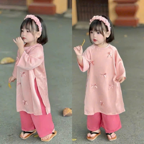 SET ÁO DÀI HỒNG ĐÍNH NƠ - ĐÍNH KÈM BỜM, SIÊU YÊU, SIÊU XINH CHO BÉ GÁI