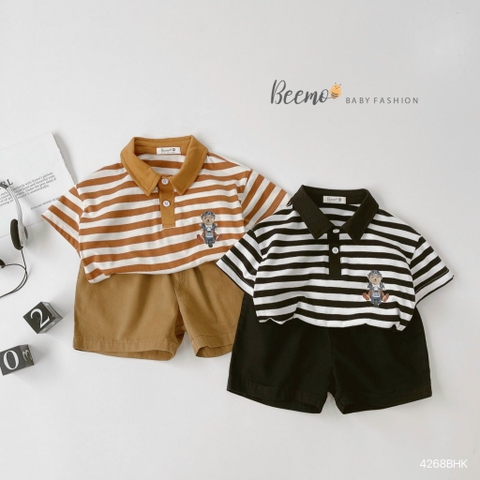 BEEMO_SET CỘC POLO KẺ NGANG IN GẤU BÉ TRAI