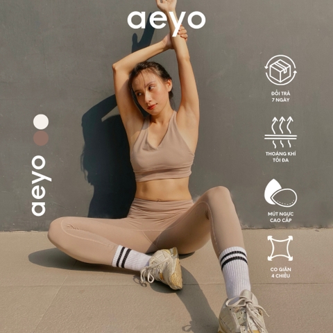 Áo bra thể thao yoga Aura Feminine, cổ chữ V, màu nâu và màu be, chất liệu aeyoFit, ôm vừa vặn