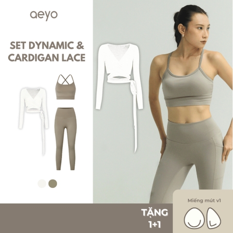aeyo I Bộ đồ tập yoga gym nữ áo dây chéo, quần dài cạp cao Dynamic kèm áo khoác cột dây Lace