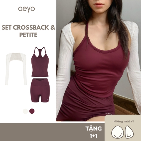 aeyo I Bộ đồ tập yoga gym nữ áo ba lỗ, quần đùi cạp chéo Tank top kèm áo khoác lửng Petite