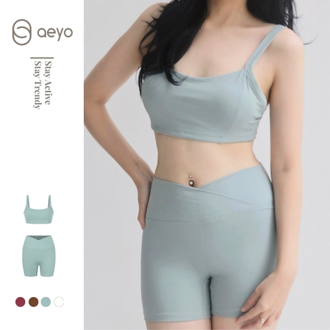 aeyo | Bộ đồ tập yoga gym nữ, áo hai dây mút rời, quần đùi cạp chéo ôm sát tôn dáng Classic Strap