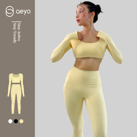 aeyo | Bộ đồ tập yoga gym pilates nữ, áo cổ vuông tay dài, quần legging ôm sát tôn dáng Mellow