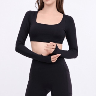 aeyo | Set đồ tập thể thao yoga gym áo MELLOW cổ vuông tay dài nữ, quần Biker Short chất liệu vải Polyester, mềm mịn - Đen - S