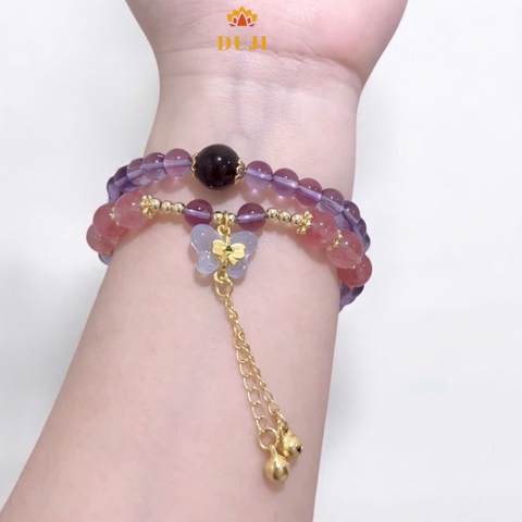 [DUJI] Vòng tay thạch anh tím mix thạch anh dâu tây kết hợp charm bướm đá tự nhiên 100%