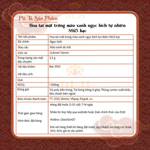 Hoa tai mặt trứng màu xanh ngọc bích tự nhiên S925 bạc