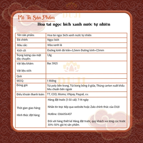 Hoa tai ngọc bích xanh nước thiên nhiên S925
